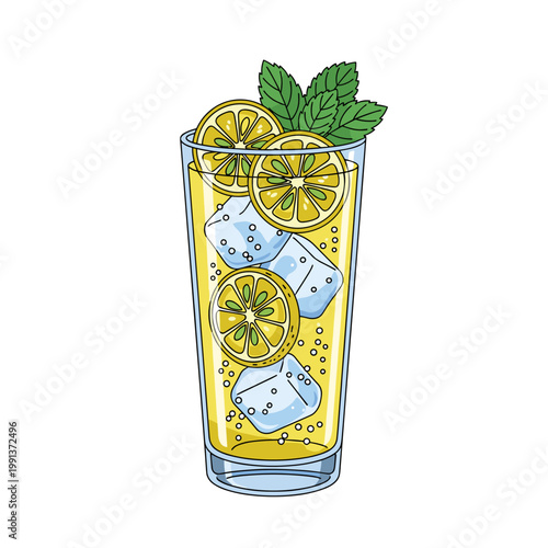 Yuzu spritz in elegant vector illustration with citrus aperitif theme on white background