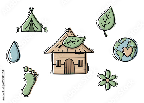 Hand drawn ecofriendly nature icons representing sustainability and environmental protection concepts for infographics