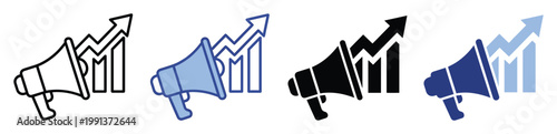 Business growth and marketing promotion icon featuring a megaphone and an ascending chart for financial presentations