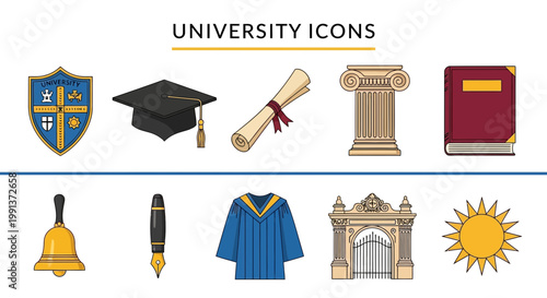 University icons and education symbols.