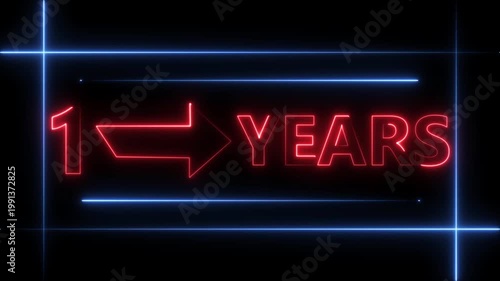 Arrow line 1 years neon light red color animation dynamic text. Rectangle from line 1 years warranty label badge design on  black background.
