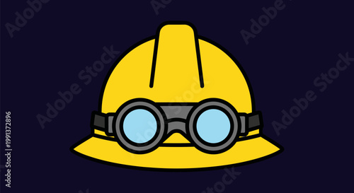 Yellow construction hard hat with safety goggles illustration.