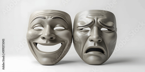 A 3d sculpture of traditional comedy and tragedy theater masks representing drama and opera with human expressions of black and white theatrical art for a masquerade carnival culture