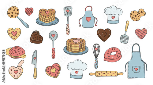 Collection of cute baking utensils and heart shaped desserts for Valentines Day kitchen projects and sweet recipes