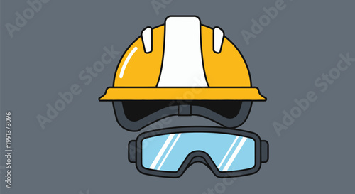 Yellow hard hat and safety goggles for construction site work.