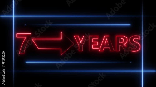 Arrow line 7 years neon light red color animation dynamic text. Rectangle from line 7 years warranty label badge design on  black background.