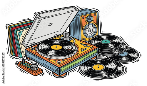 Classic vinyl record player setup with speaker and sound equipment for music enthusiasts and audio product marketing
