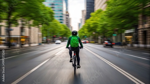 Urban Cycling in Green Environment on City Street with Motion Blur