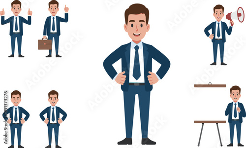 Professional businessperson in blue suit demonstrating leadership, confidence, teamwork, and corporate success through multiple poses and gestures for modern office, management, and career concepts il