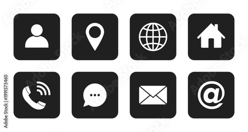 name, address, location, phone number messenger, postal address, email symbols, contact us outline icons set