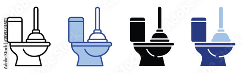 Toilet and plunger icon set for bathroom repair and plumbing service concept graphic representation