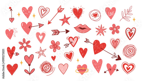 Hand drawn collection of vibrant red and pink hearts arrows stars flowers and lips for romantic media applications