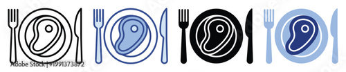 Versatile steak dinner icons in various outline and solid styles perfect for restaurant menus or food service applications.