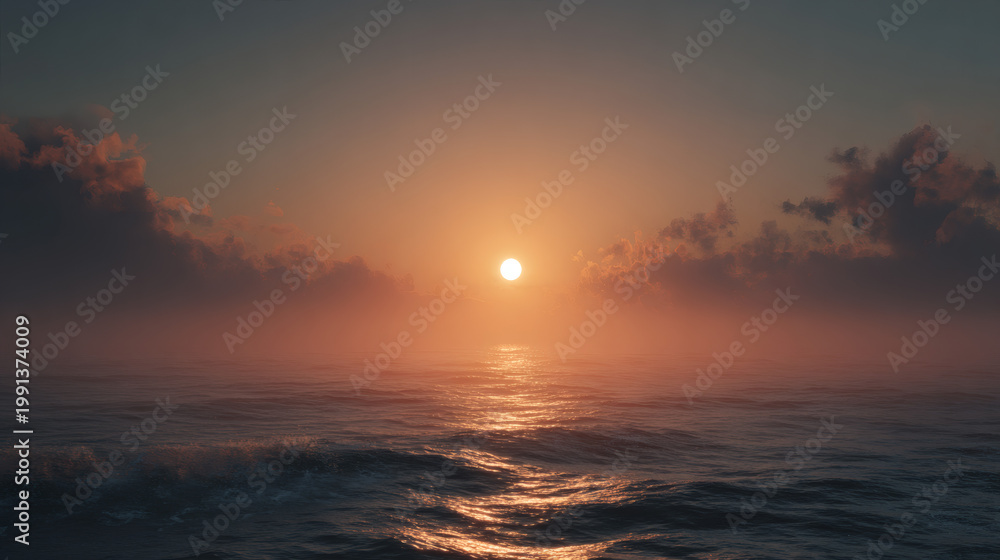 Obraz premium Sunrise over horizon with glowing light and mist