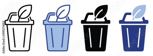 Ecofriendly recycling bin icon set with green leaf symbol for environmental sustainability apps and websites