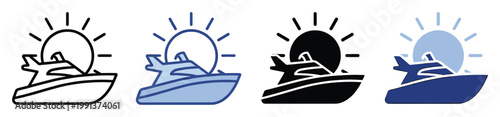 Modern boat and sun icon collection for representing summer travel, water activities, and marine tourism applications