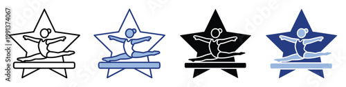Gymnast in star icon representing athletic female performance on balance beam for sports awards and branding
