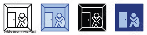 Solitude and confinement icon depicting a person feeling helpless in a locked room, perfect for psychological awareness campaigns
