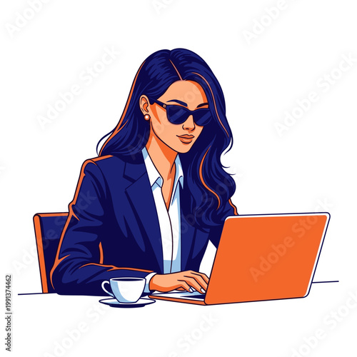 Confident female entrepreneur working on laptop with coffee in vivid vector illustration