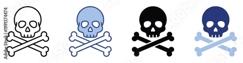 Collection of iconic skull and crossbones symbols for danger warnings, pirate themes, and hazard signage applications