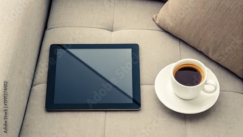 Relaxed Moment on Couch with Coffee and Tablet in Cozy Setting