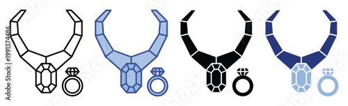 Elegant geometric necklace and sparkling diamond ring icon set for luxury jewelry and fashion branding projects