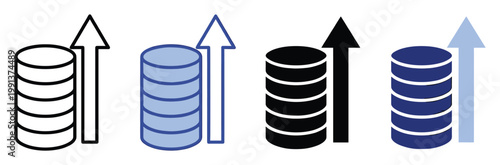 Data growth and financial increase represented by stacked cylinders and upward arrows for business analytics and technology presentations