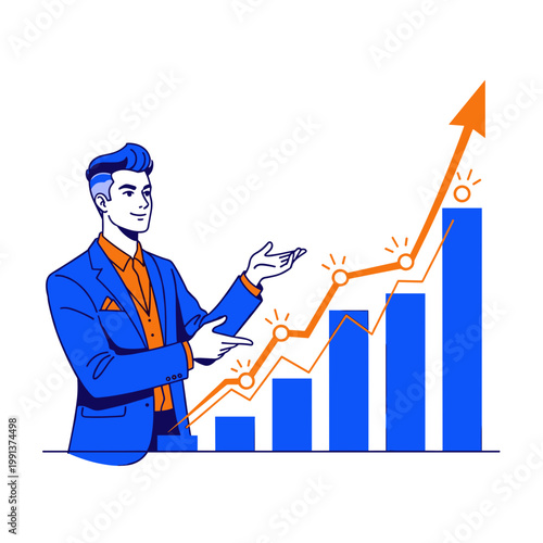 Startup founder presenting growth chart in vivid vector illustration