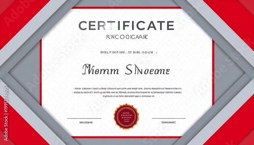A formal certificate design with a textured paper background, framed by red and grey angular shapes. Includes a seal