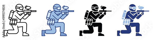 Paintball player icon in a tactical kneeling stance aiming a marker, perfect for action sports apps and competitive gaming promotions