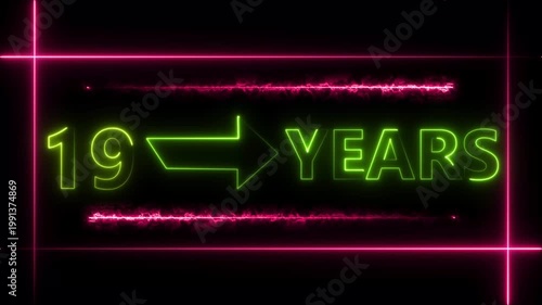 Abstract count 19 -years neon bright sign lime green color animation. Neon great celebrates year animation 4k video.