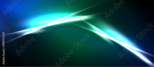 Abstract light streaks, vibrant blues, greens dominate dark background. Energy radiates from central point, creating dynamic visual effect.