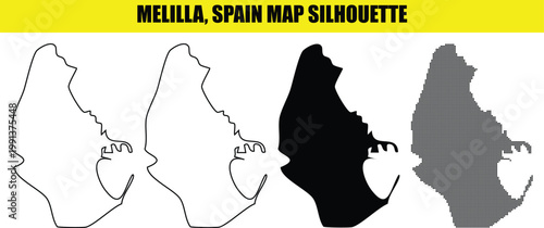 Melilla spain map silhouette outline with solid black and halftone dot patterns vector illustration graphics.