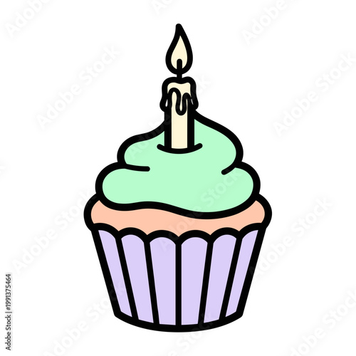 Birthday cupcake with one candle in simple line art style