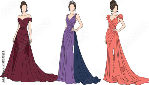 Elegant evening gowns vector illustration set with glamorous women in long dresses formal fashion design collection