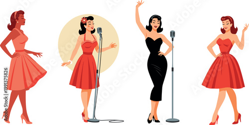 Elegant female singers vector set with vintage dresses microphones and stylish women performing music retro fashion illustration collection