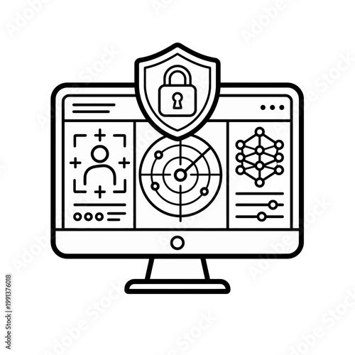 Computer screen displaying security and data analysis icons, a digital shield symbolizing protection on a monitor
