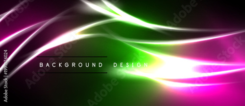 Abstract vibrant lines, green, pink hues dominate. Dark background creates dramatic visual effect. Modern design element.