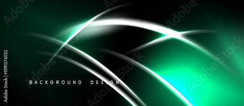 Dark green background features bright white curved lines. Modern design evokes energy, motion, sleekness. Text reads background design.