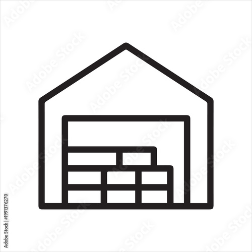 Storage warehouse with planks, linear icon. Timber stock for construction and carpentry. Line with editable stroke.