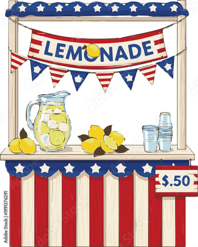 Colorful american themed lemonade stand featuring fresh yellow lemons and a glass pitcher full of cold ice filled drink