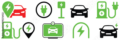 Bild auf Leinwand Electric car charging icon set, vector illustrations of EV charging station, plu