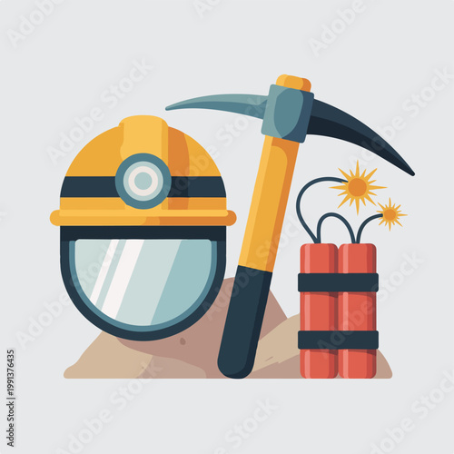 Flat Vector Mining Tools Set with Helmet, Pickaxe and Dynamite