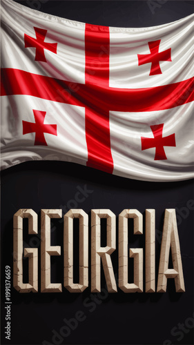 Waving Georgia Flag Poster with Bold Stone Typography on Dark Background, Patriotic Travel Banner and National Identity Illustration