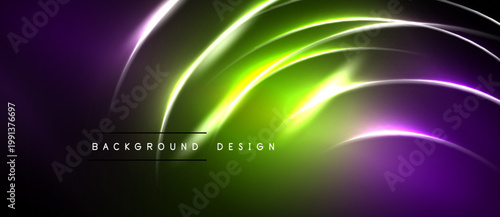 Abstract vibrant lines create flowing shapes. Green, purple hues dominate dark background. Modern design element.