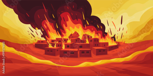 Dramatic village fire disaster illustration with burning homes, thick smoke, blazing flames, heatwave landscape and crisis scene