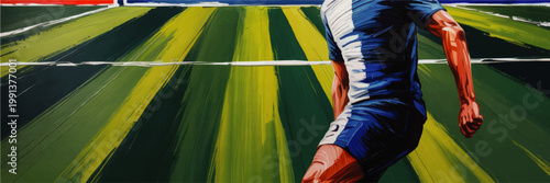 Dynamic soccer player running across striped green field, vibrant sports illustration with motion, speed, energy and action