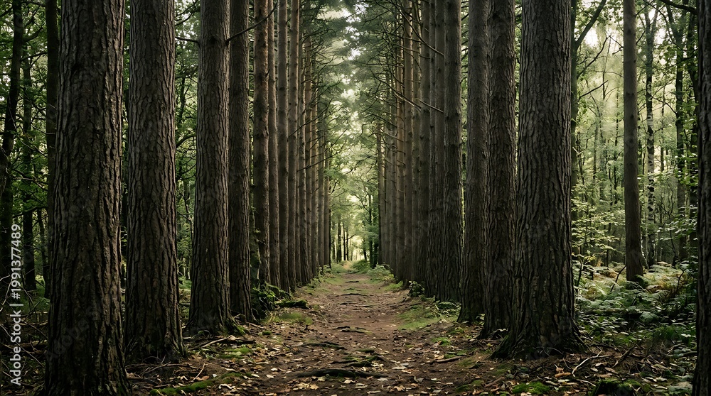 Fototapeta premium Dense Forest Path with Tall Pine Trees in Natural Light