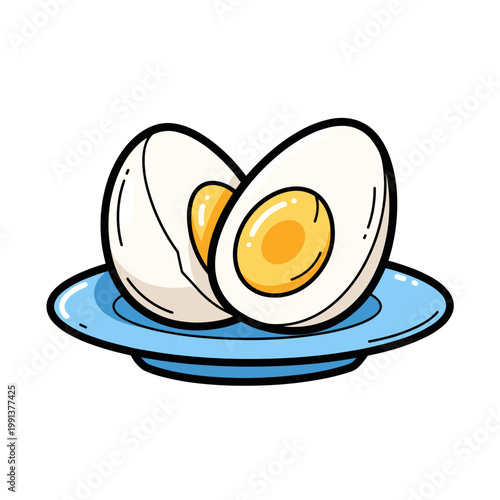 Half-peeled boiled egg on plate in bold graphic vector illustration