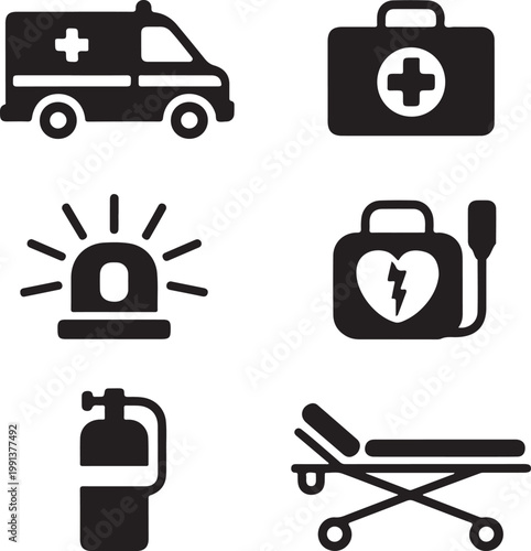 Emergency medical service icons set with ambulance defibrillator stretcher and first aid silhouettes